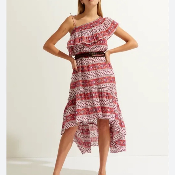 Antik Batik block print ruffle Bohemian One-Shoulder high low Dress - Picture 3 of 8